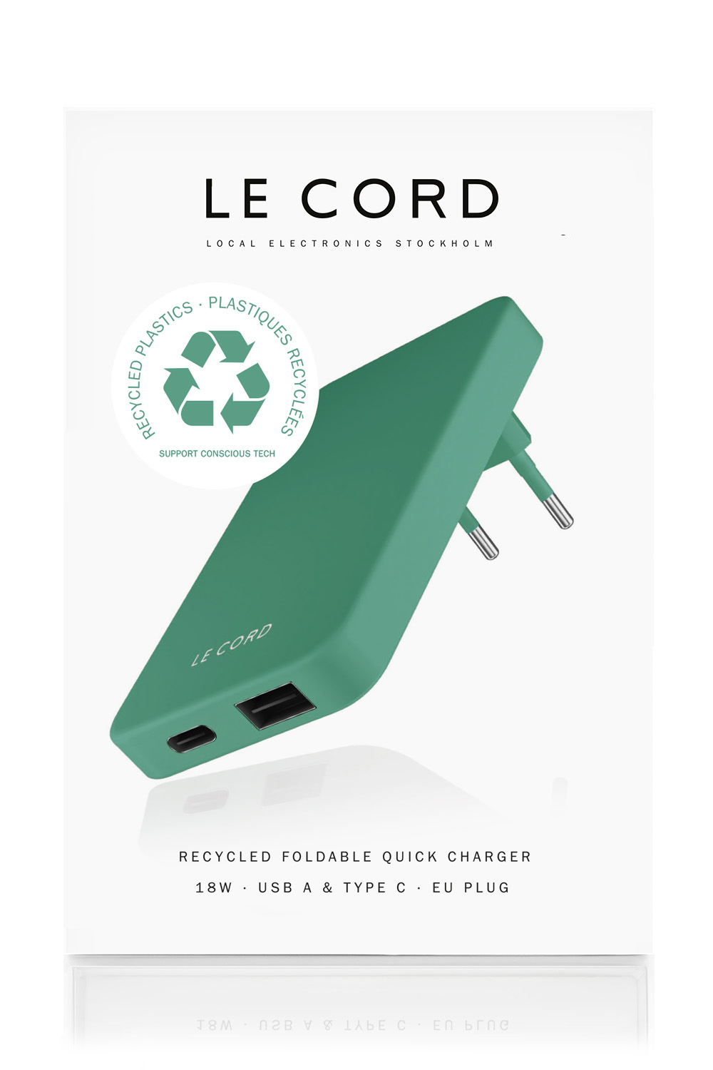 Pale Pine ReCharger, a 30W PD recycled wall charger with dual USB ports and a foldable plug, showcasing its eco-friendly design.